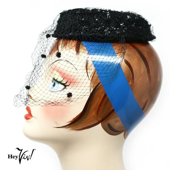 Vintage Black Sequin Ring Halo Hat w Veil Cocktail Eveningwear - Hey Viv - Picture 1 of 5